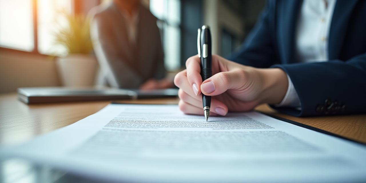 A focused legal professional reviewing contract documents in a minimalist modern office